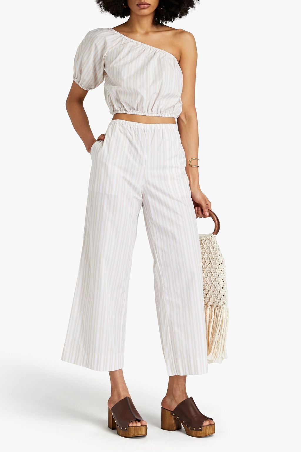 ONIA One-shoulder cropped striped cotton-poplin top