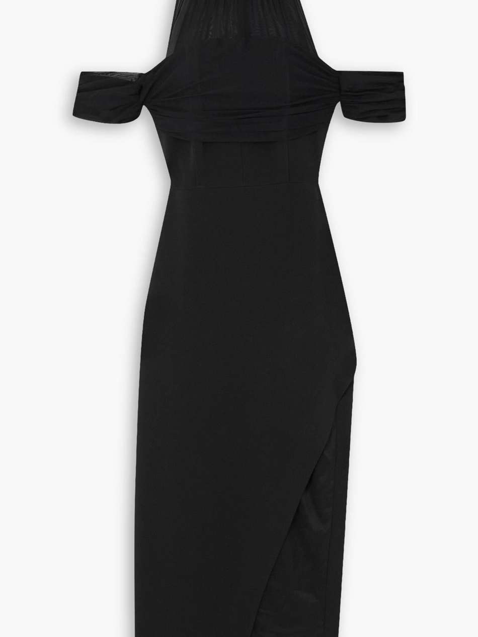 cold-shoulder stretch tulle-trimmed embellished cady midi dress