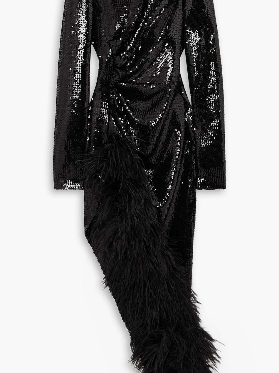 asymmetric feather-trimmed sequined chiffon midi dress