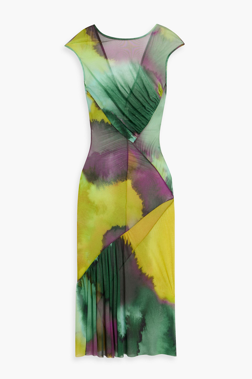 Dries Van Noten Ruched Printed Stretch-mesh Midi Dress In Bright Yellow |  ModeSens