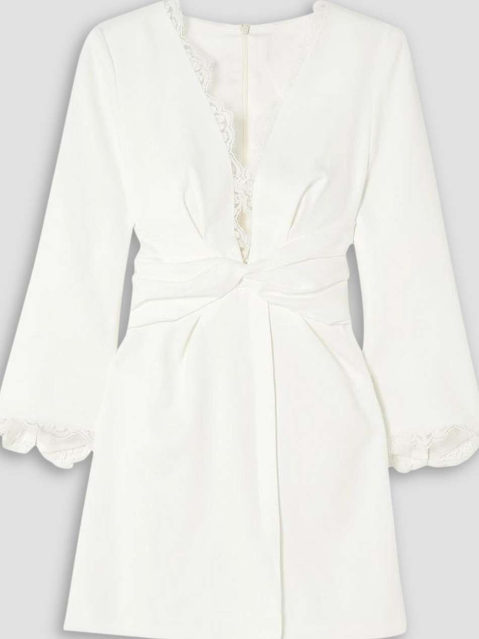twist-front lace-trimmed crepe mini dress