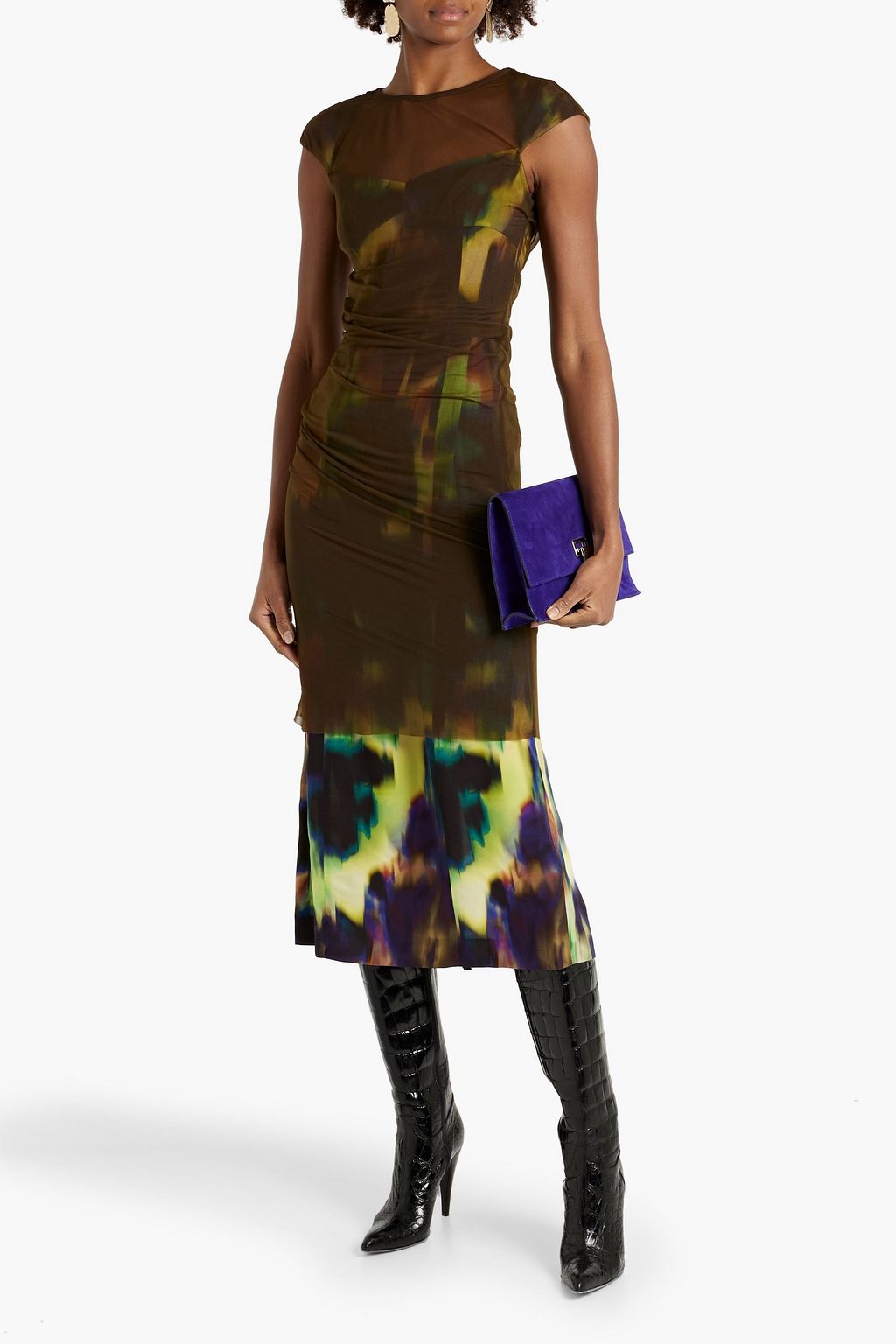 DRIES VAN NOTEN Layered printed chiffon and satin midi dress