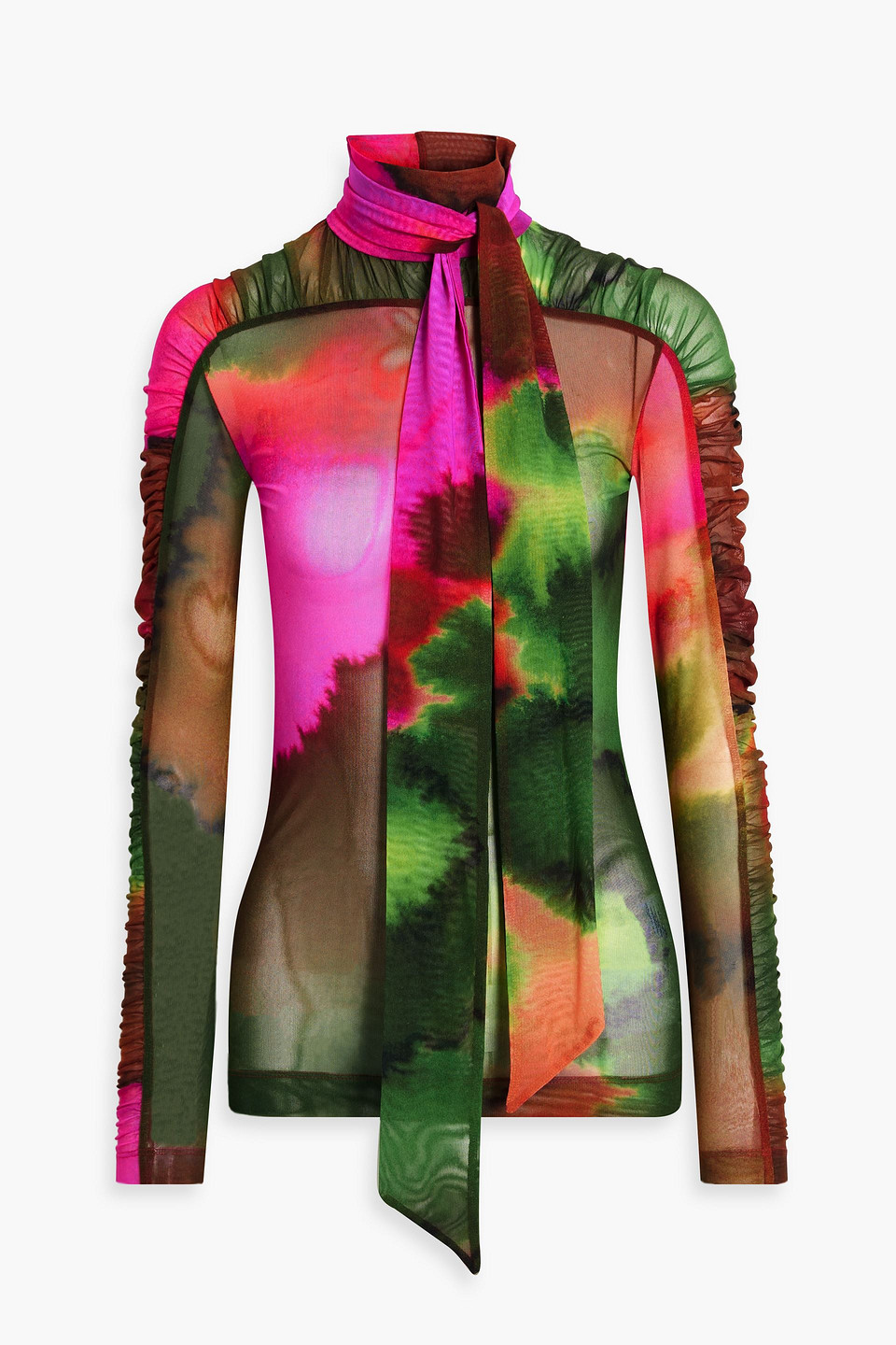 dries van noten - ruched tie-dyed stretch-mesh turtleneck top - pink - xs