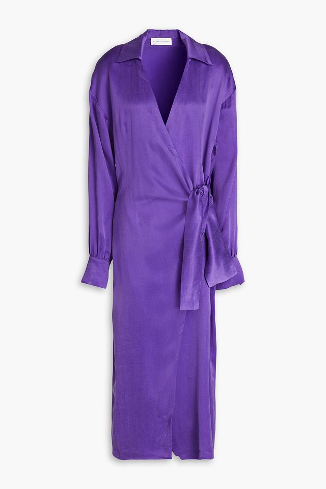 Washed cupro-blend satin midi wrap dress