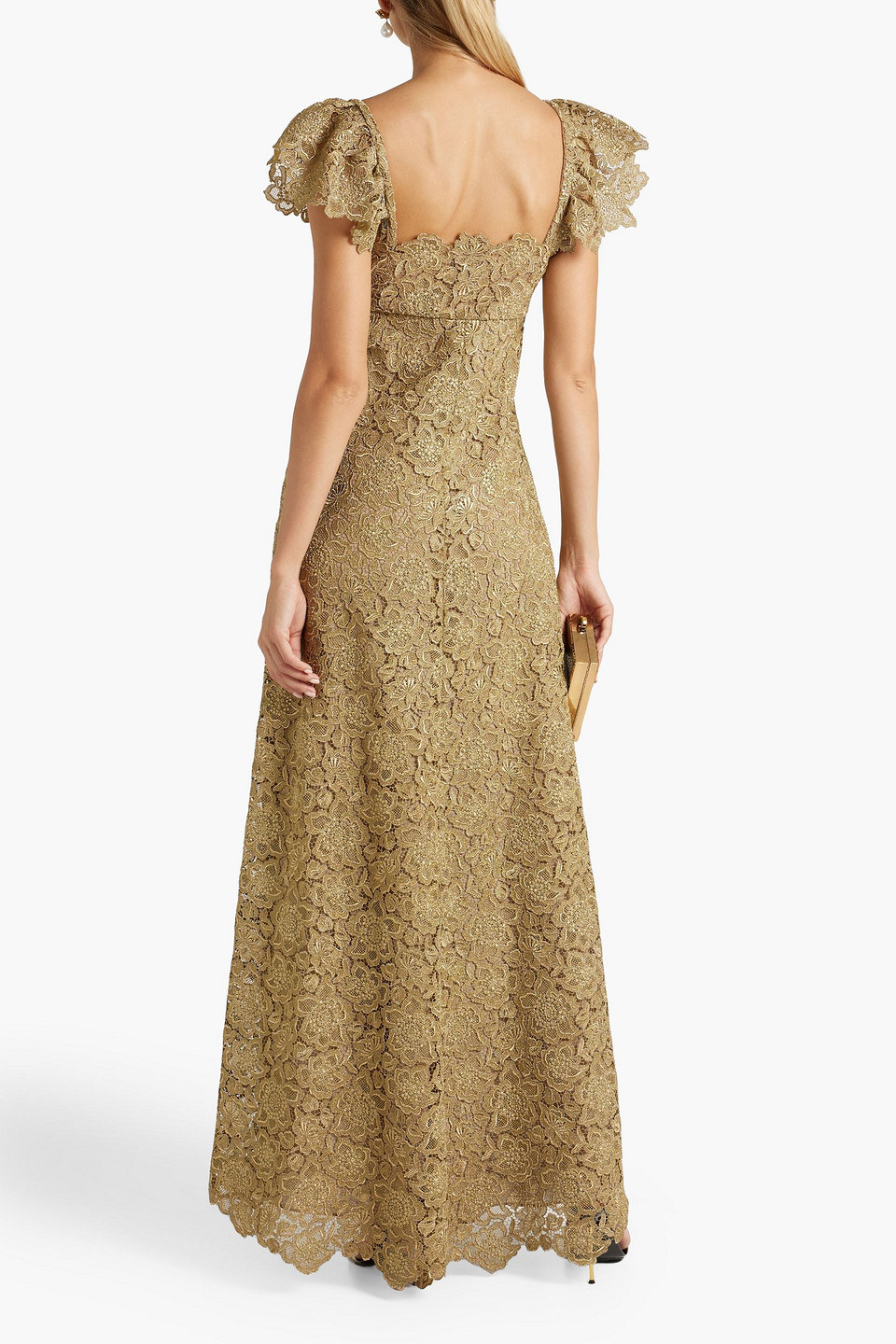 Shop Valentino Metallic Guipure Lace Gown In Light Brown