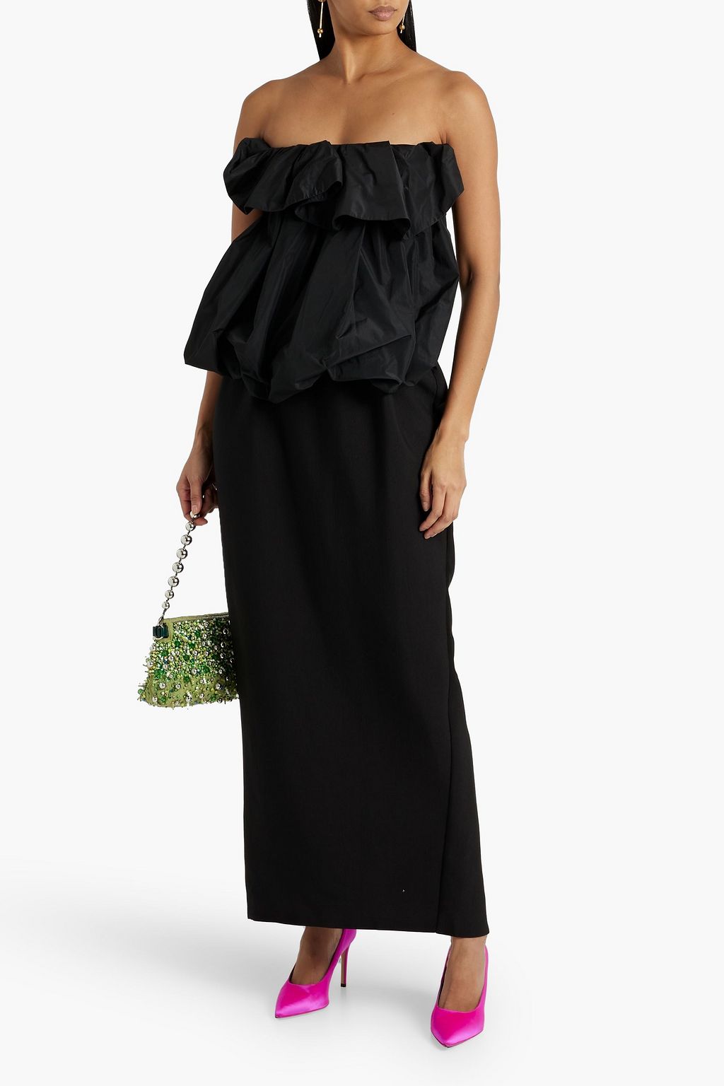 DRIES VAN NOTEN Strapless ruffled cloqué-paneled taffeta top
