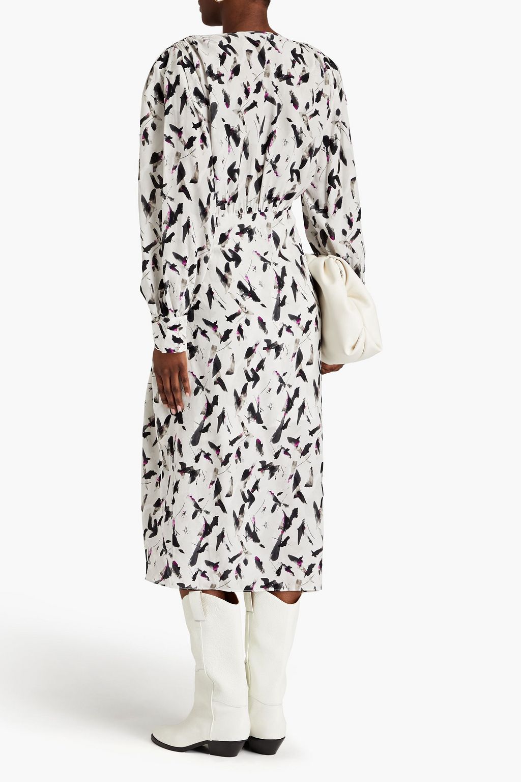 IRO Carola ruched printed crepe de chine midi dress