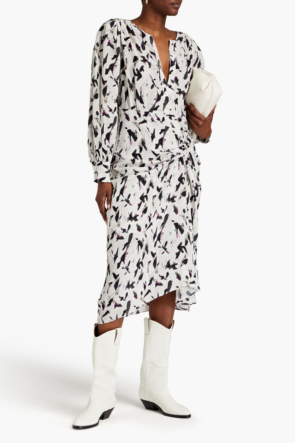 IRO Carola ruched printed crepe de chine midi dress