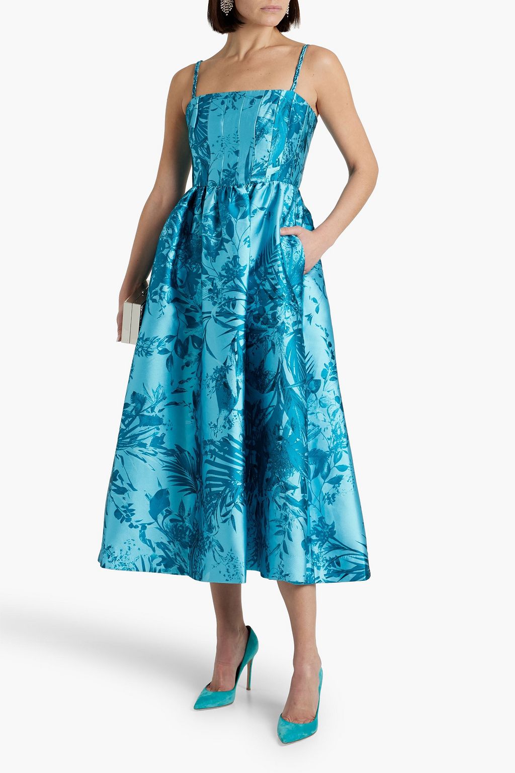 ML MONIQUE LHUILLIER Pleated printed faille midi dress