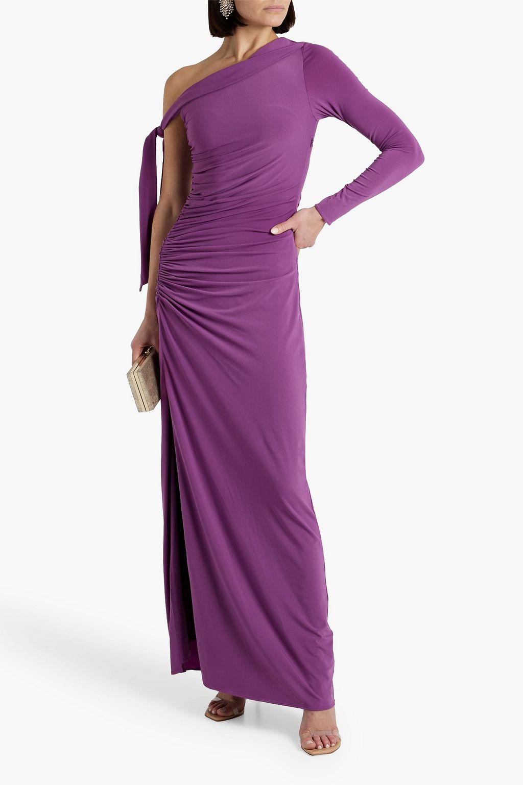 HALSTON Kamilah one-sleeve ruched jersey gown