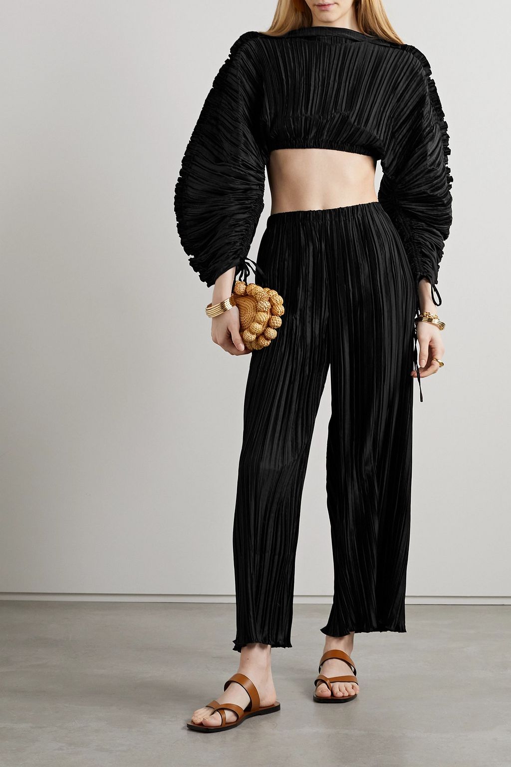 CULT GAIA Stacie cropped plissé-satin wide-leg pants