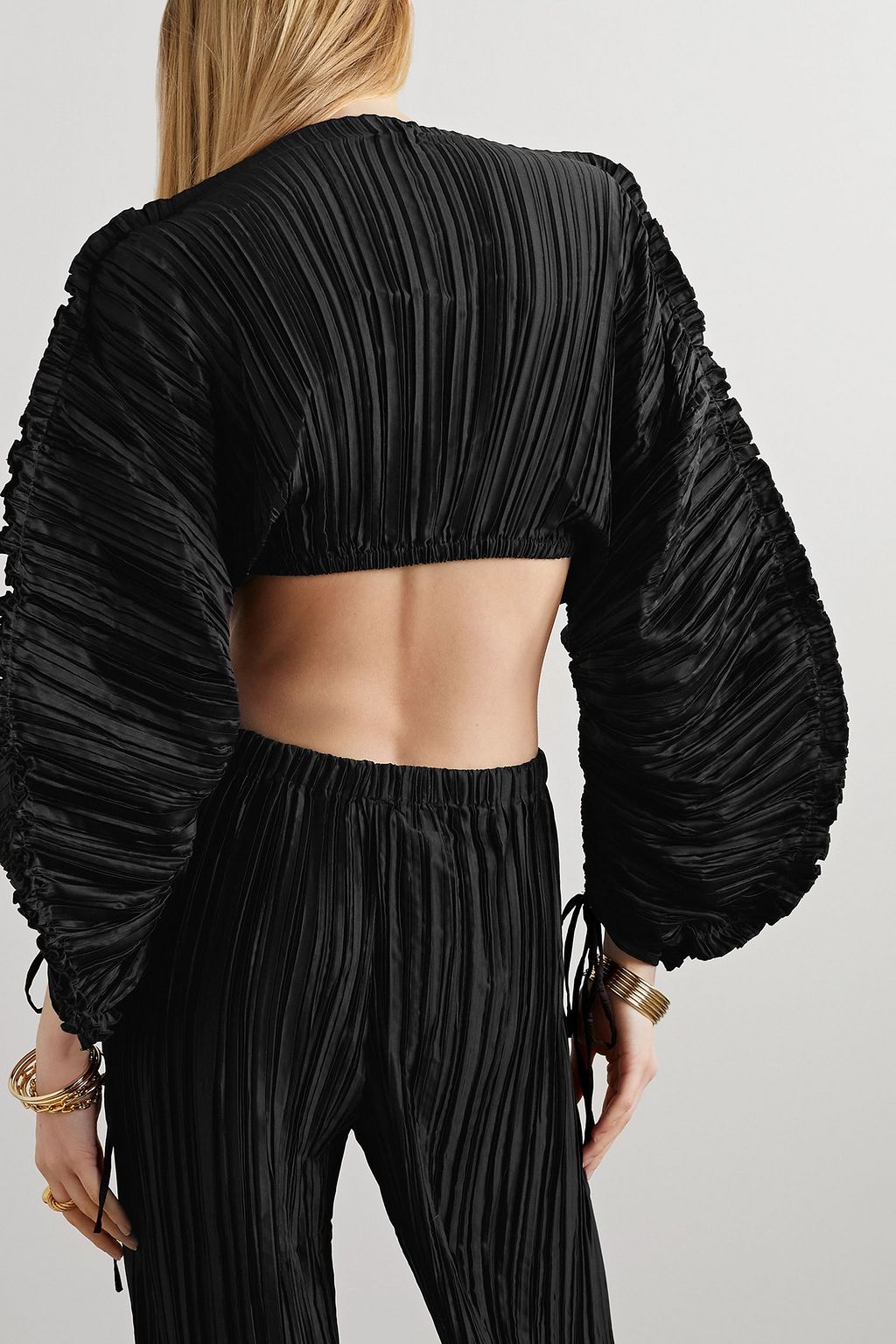 CULT GAIA Mala cropped plissé-satin top