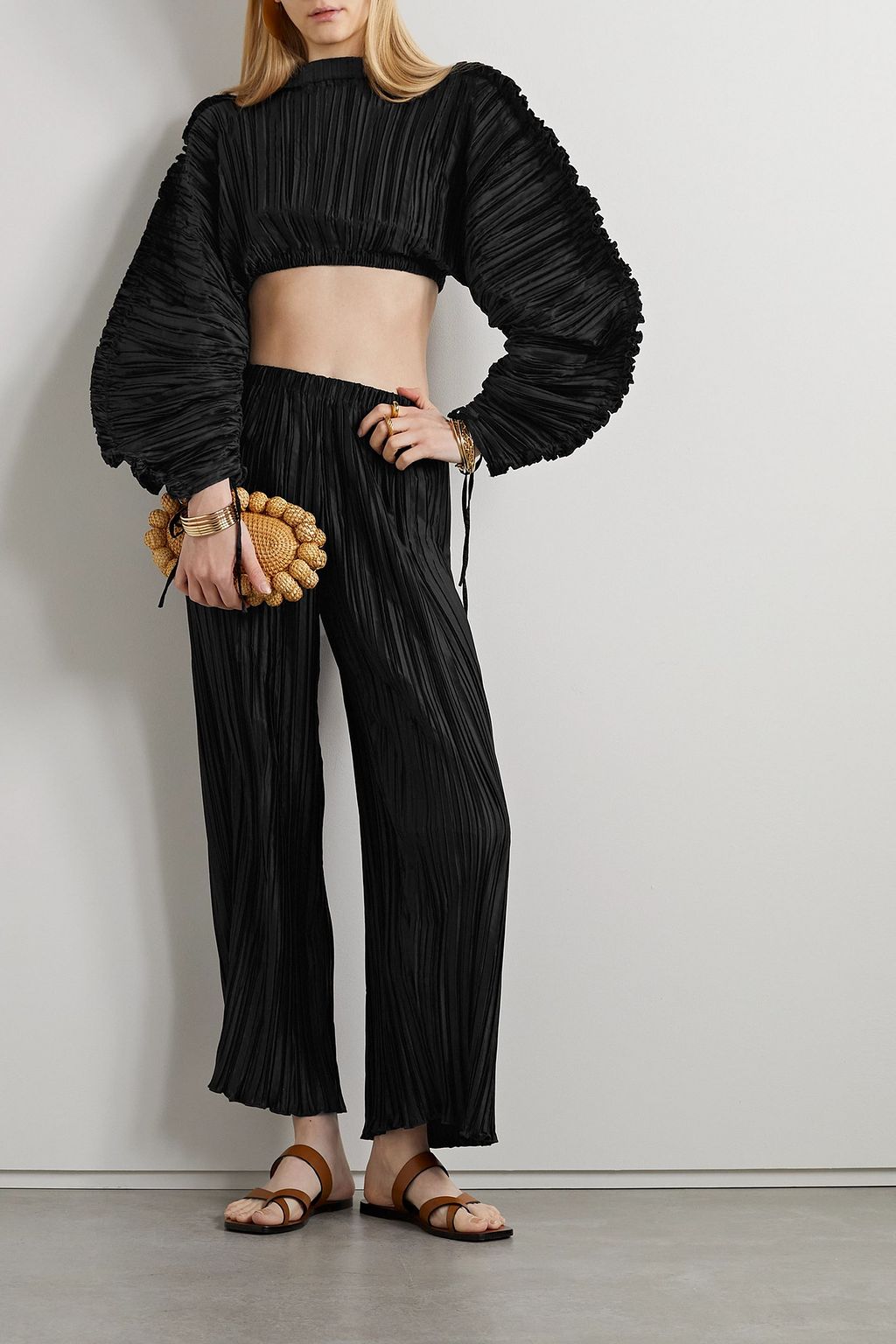 CULT GAIA Mala cropped plissé-satin top