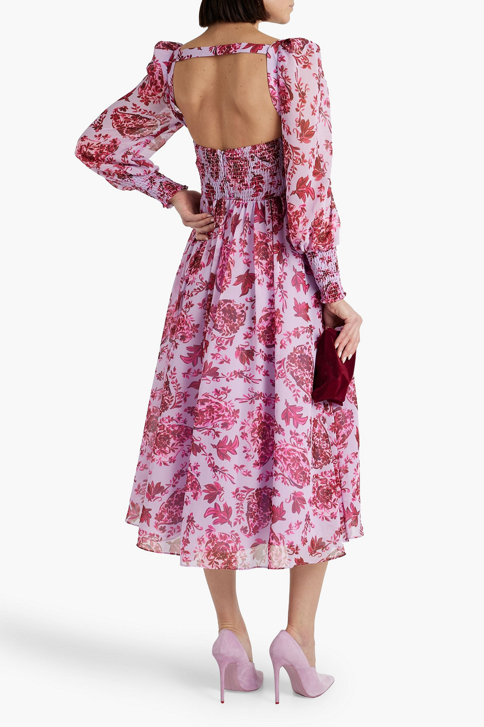 Shop Badgley Mischka Cutout Floral-print Chiffon Midi Dress In Lilac