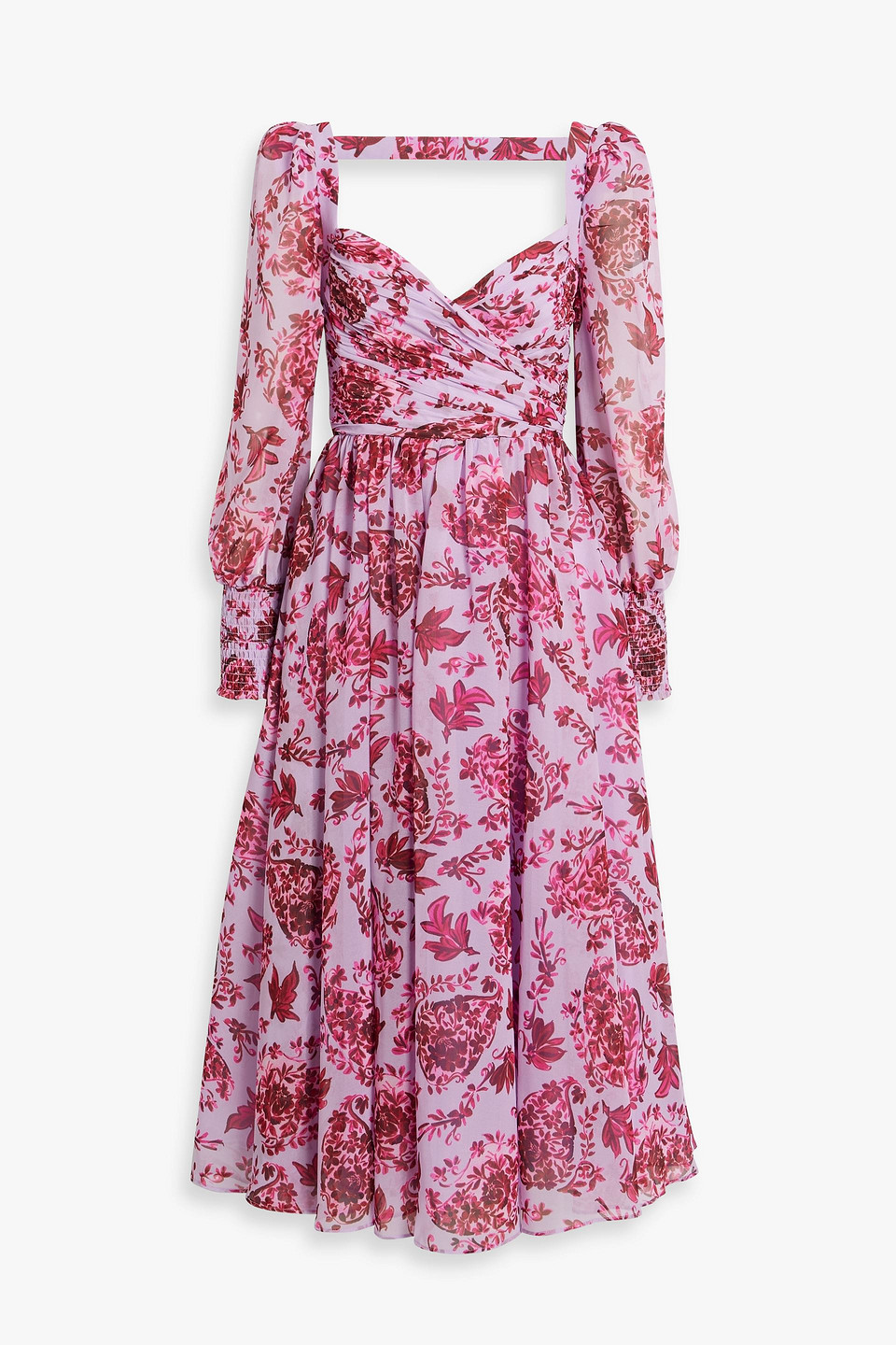 Shop Badgley Mischka Cutout Floral-print Chiffon Midi Dress In Lilac