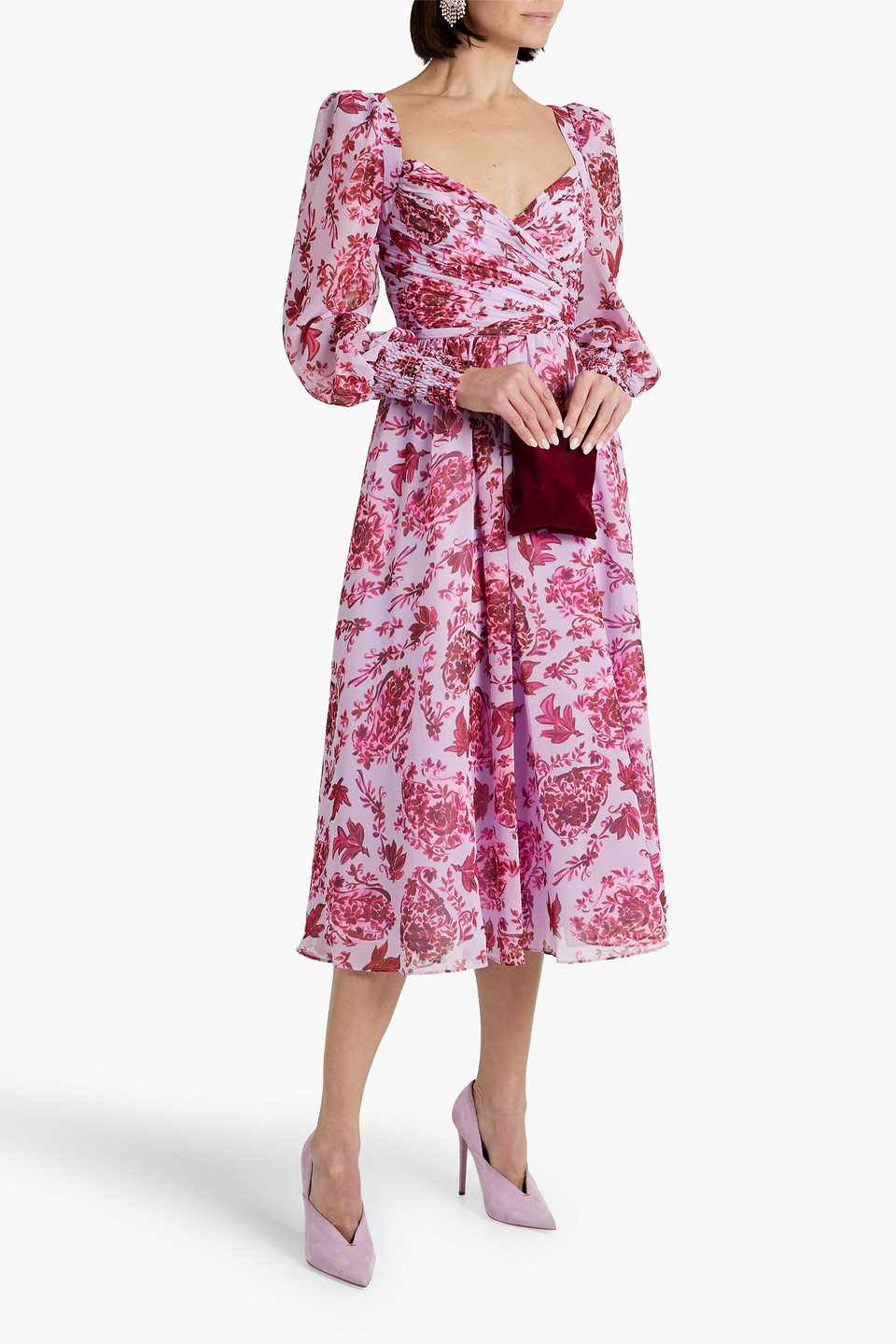 Shop Badgley Mischka Cutout Floral-print Chiffon Midi Dress In Lilac