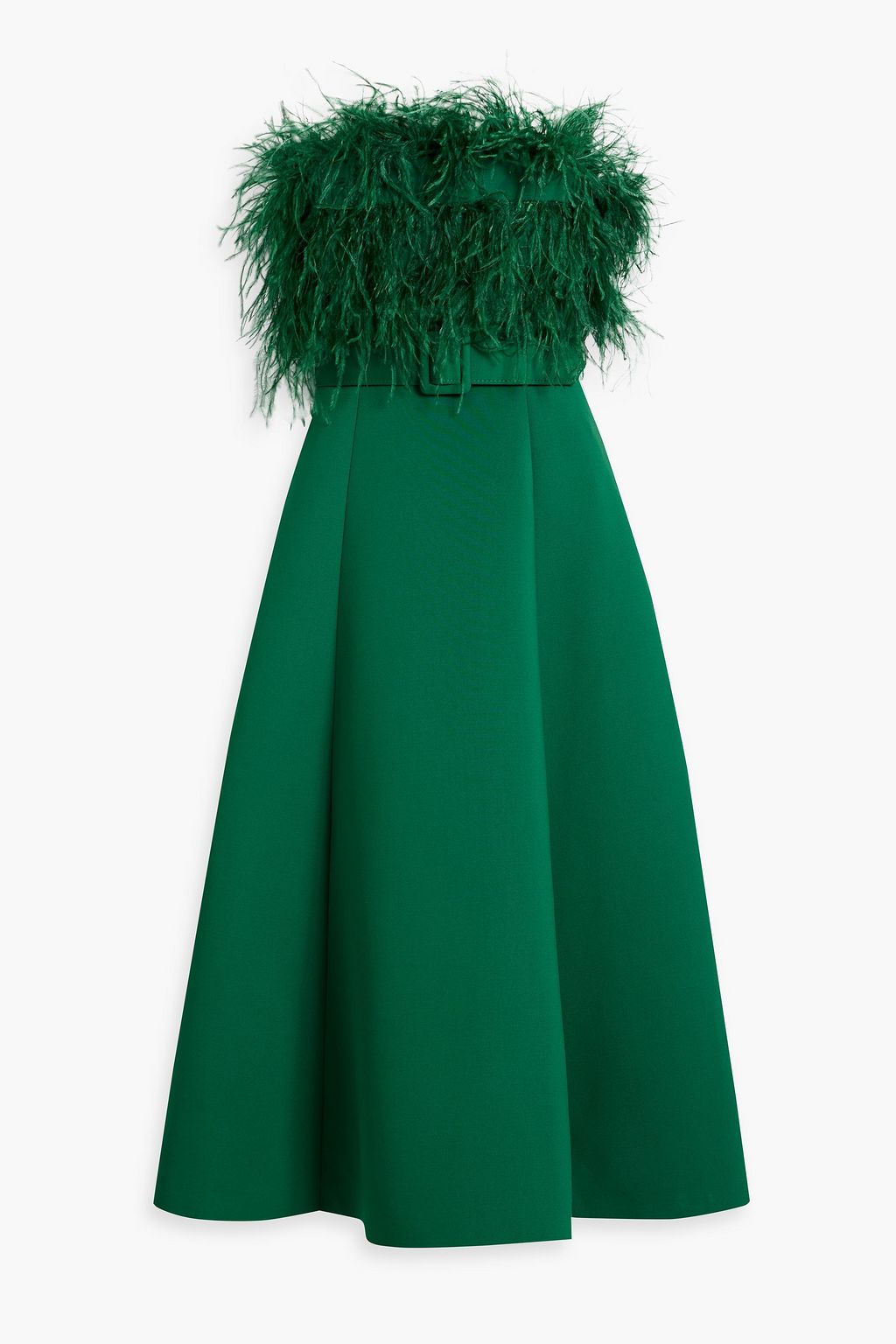 BADGLEY MISCHKA Strapless belted faux feather-embellished scuba midi dress  | THE OUTNET