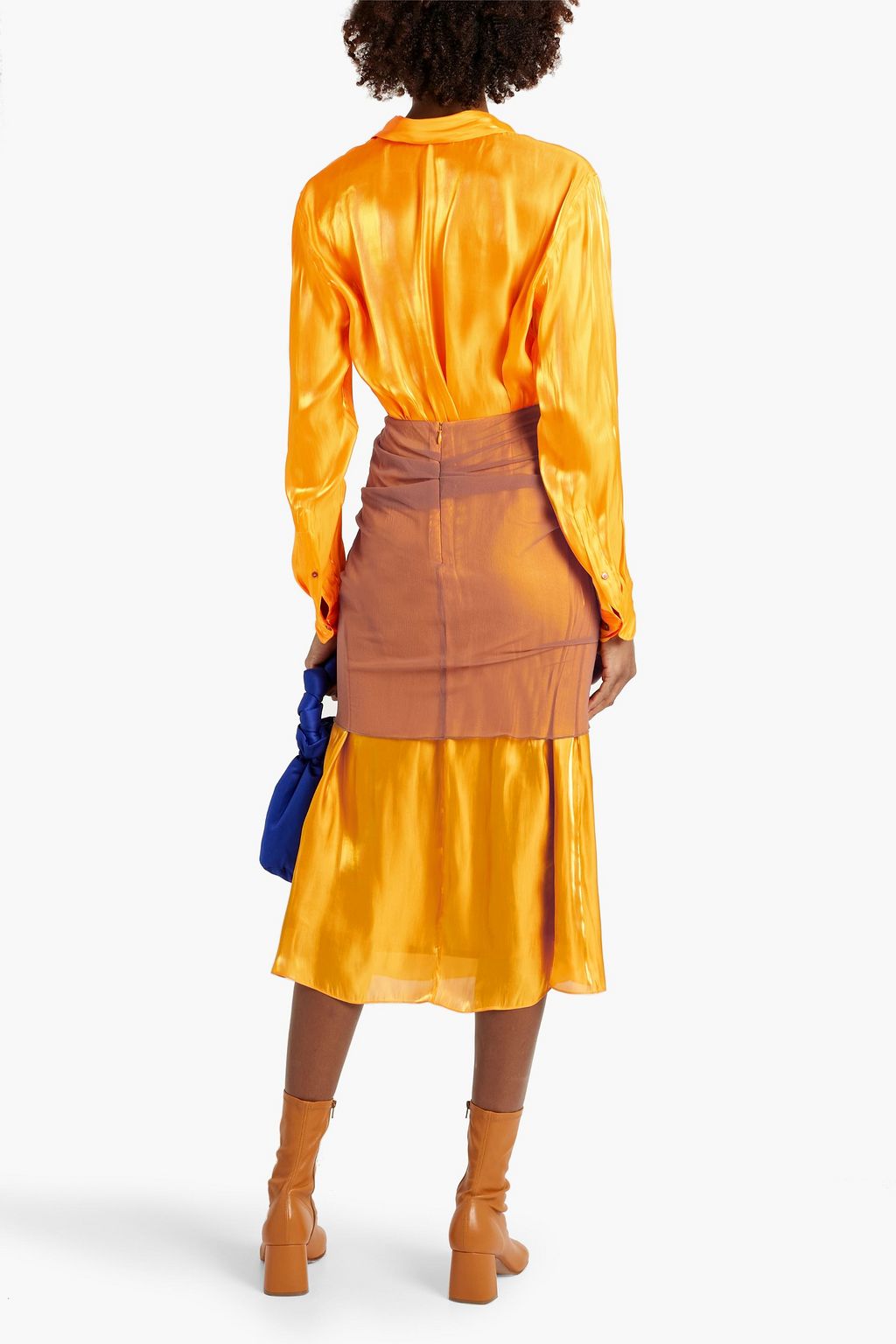 DRIES VAN NOTEN Layered ruched chiffon and satin midi skirt