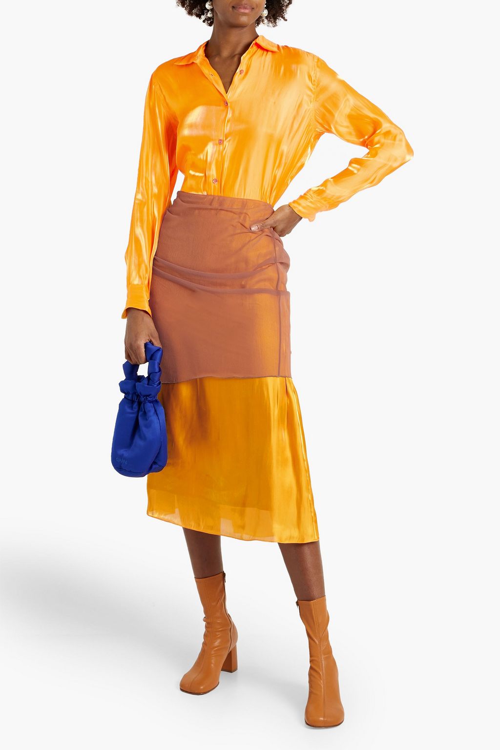 DRIES VAN NOTEN Layered ruched chiffon and satin midi skirt