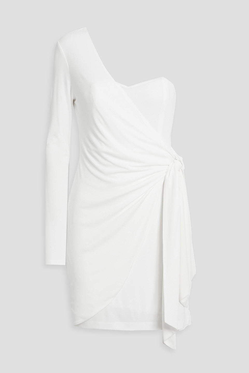 Shop Halston Ashlynn One-sleeve Wrap-effect Draped Mini Dress In Off-white