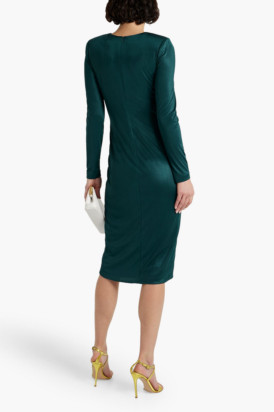 Shop Badgley Mischka Wrap-effect Draped Satin-jersey Dress In Emerald