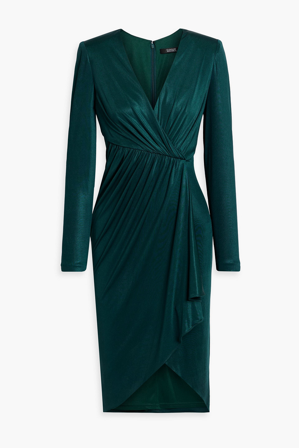 Shop Badgley Mischka Wrap-effect Draped Satin-jersey Dress In Emerald