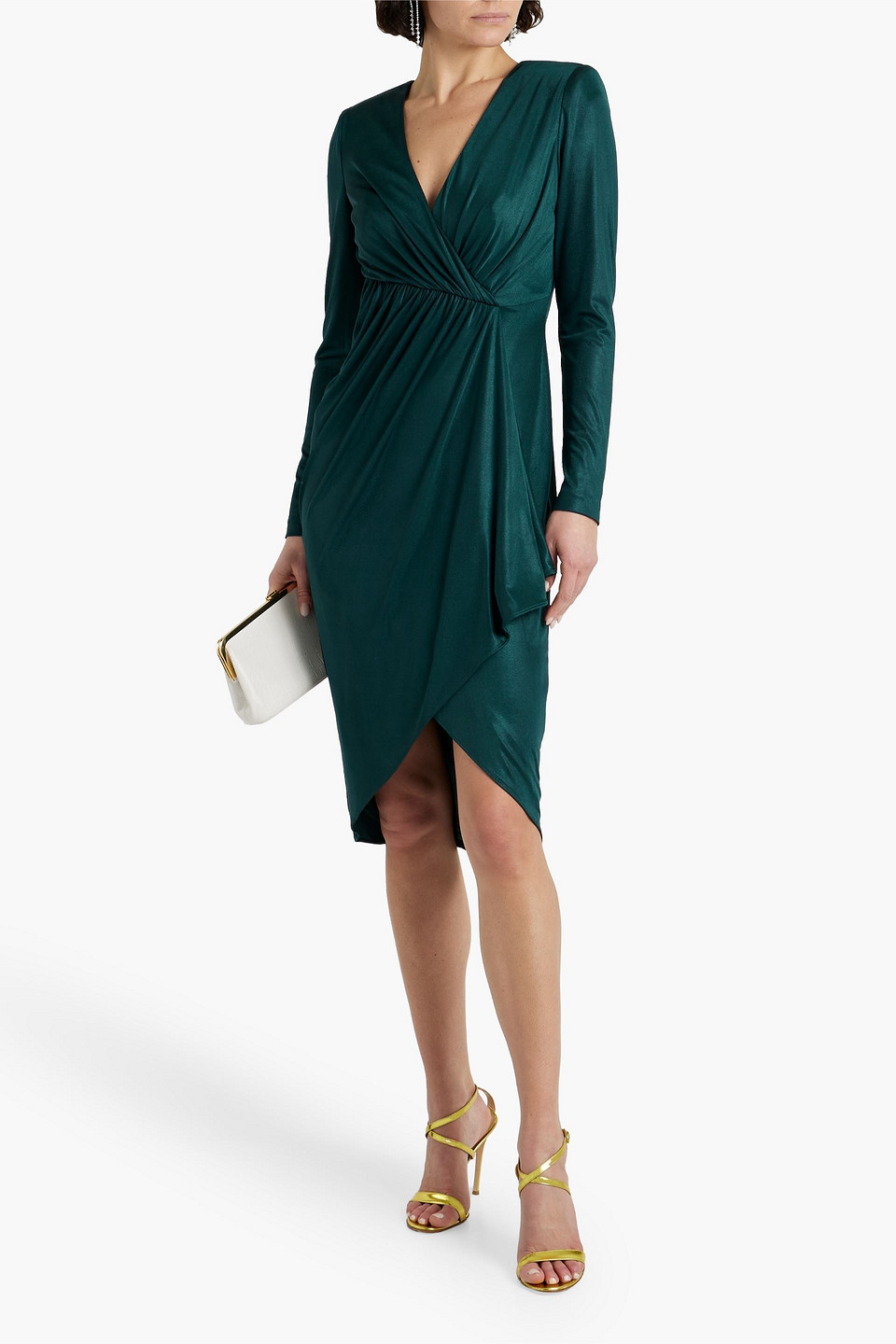 Shop Badgley Mischka Wrap-effect Draped Satin-jersey Dress In Emerald