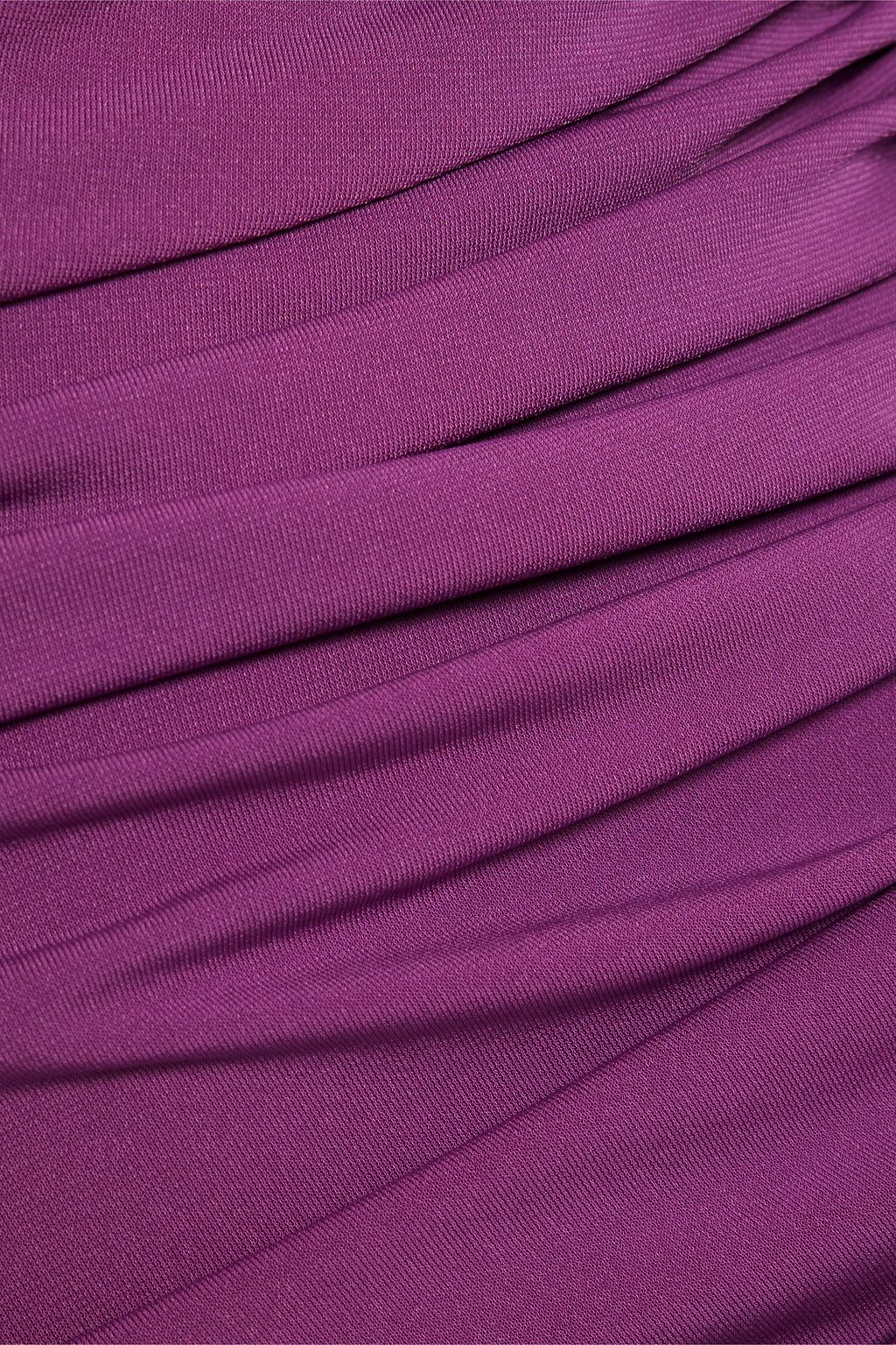 HALSTON 오프 더 숄더 루쉬 장식 저지 미니 드레스