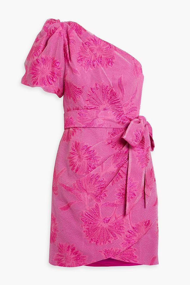 One-sleeve embroidered cloqué mini dress