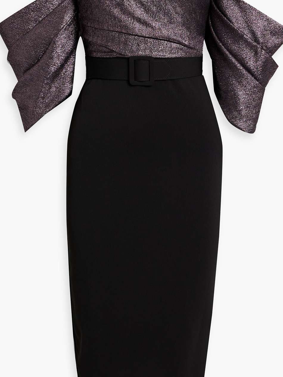 off-the-shoulder lamé-paneled crepe midi dress