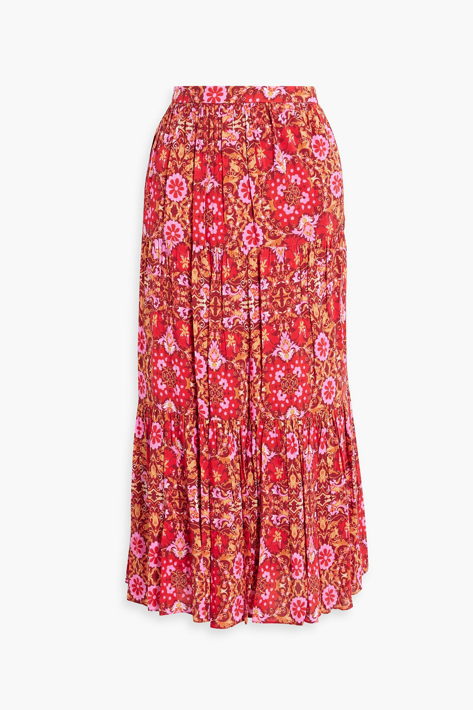 Amur Gathered Printed Woven Midi Skirt In Red