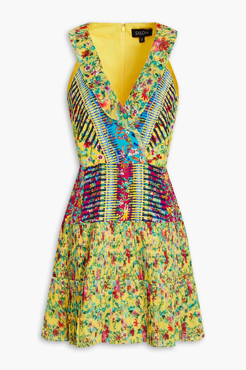 Saloni Amy Georgette-paneled Printed Silk-crepe Mini Dress In Yellow