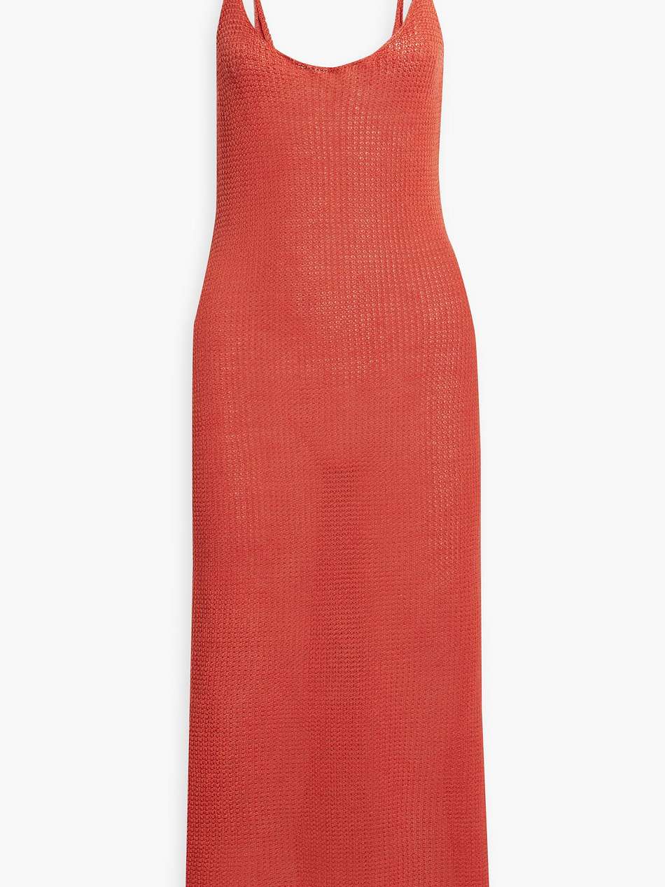 open-back crochet-knit linen midi dress