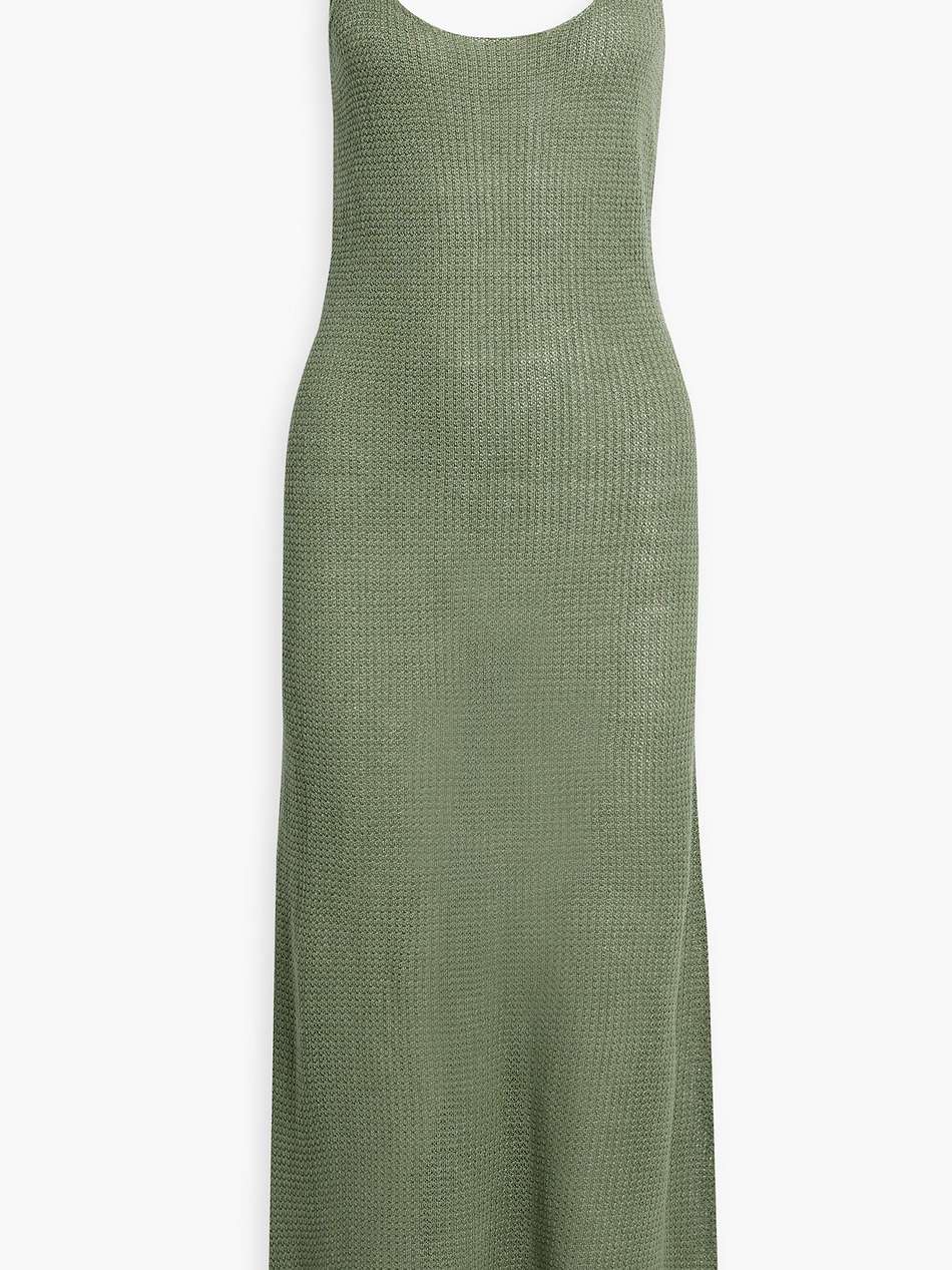 open-back crochet-knit linen midi dress