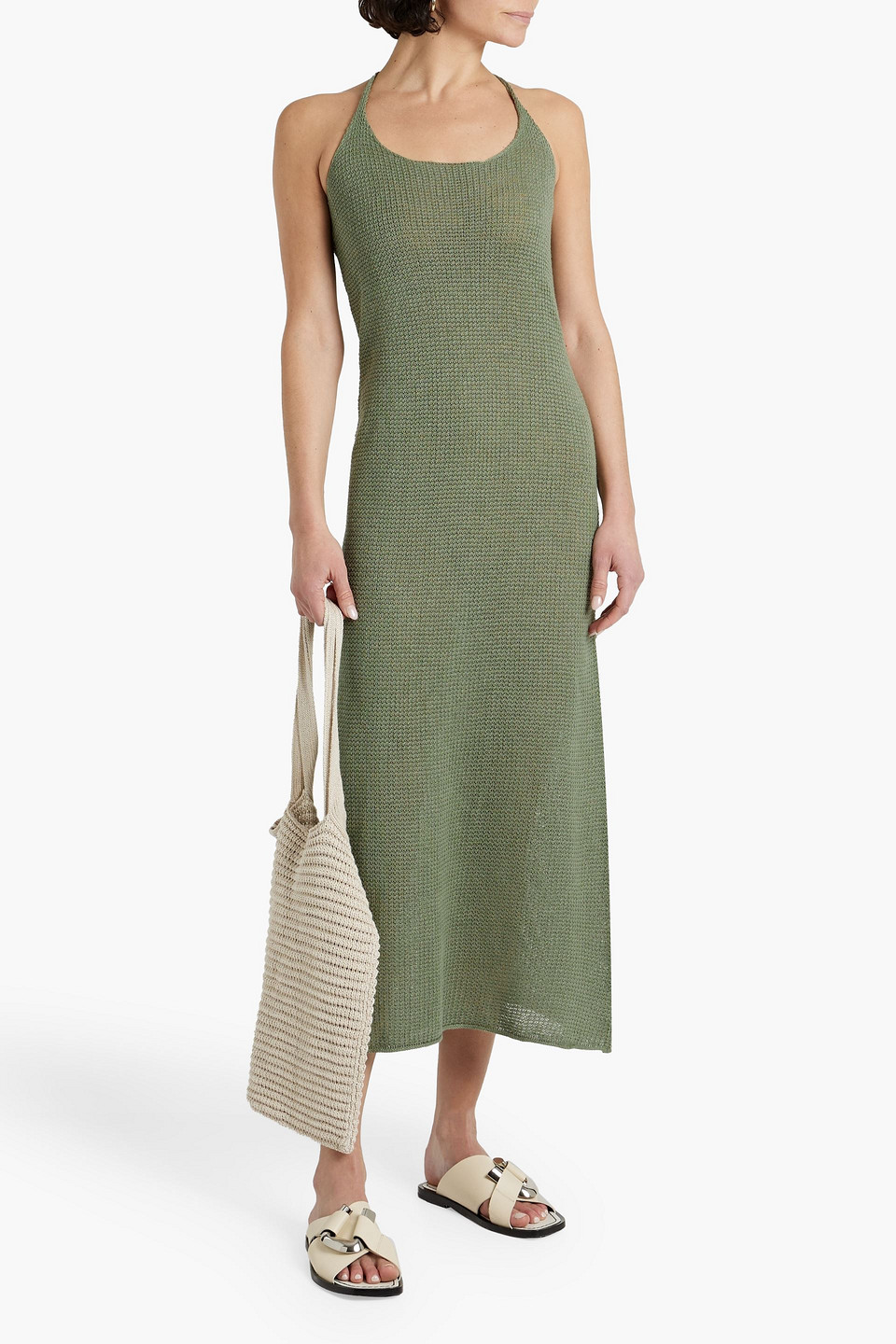 Shop Onia Open-back Crochet-knit Linen Midi Dress In Leaf Green