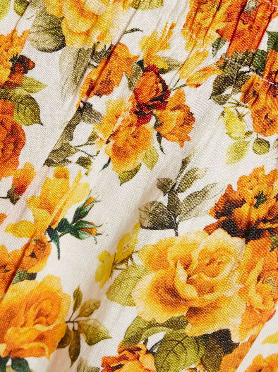 off-the-shoulder shirred floral-print linen-blend midi dress