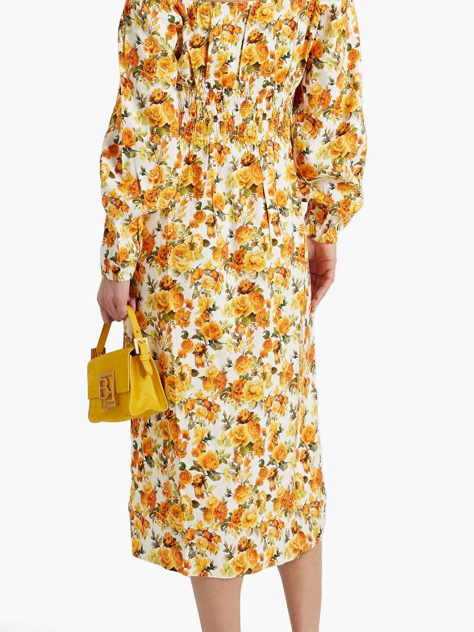 off-the-shoulder shirred floral-print linen-blend midi dress