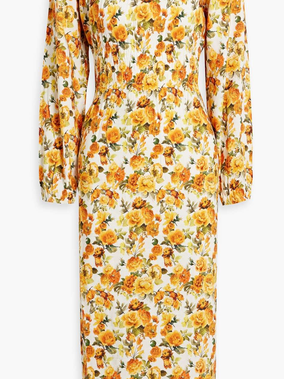 off-the-shoulder shirred floral-print linen-blend midi dress