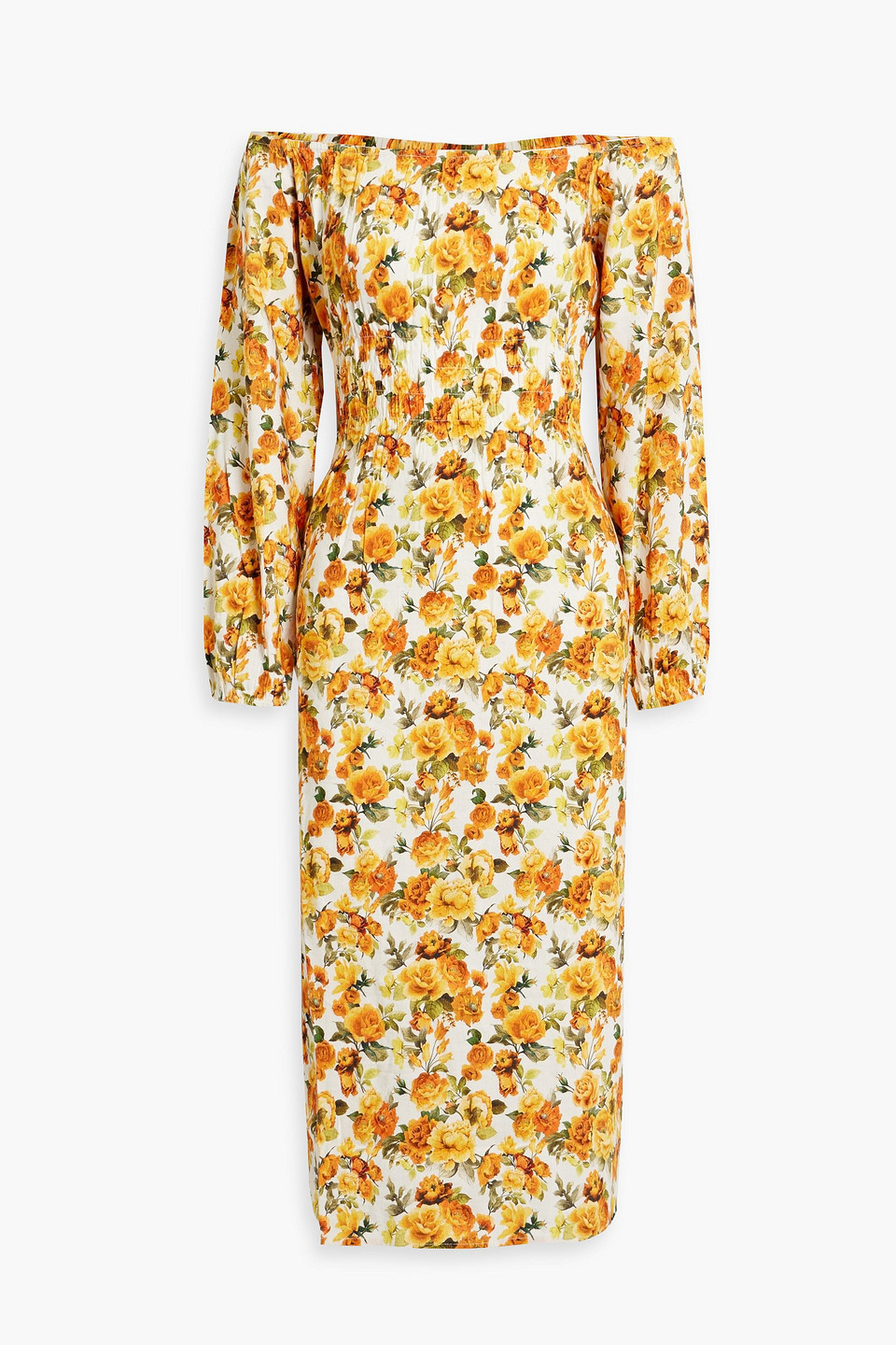 Off-the-shoulder shirred floral-print linen-blend midi dress