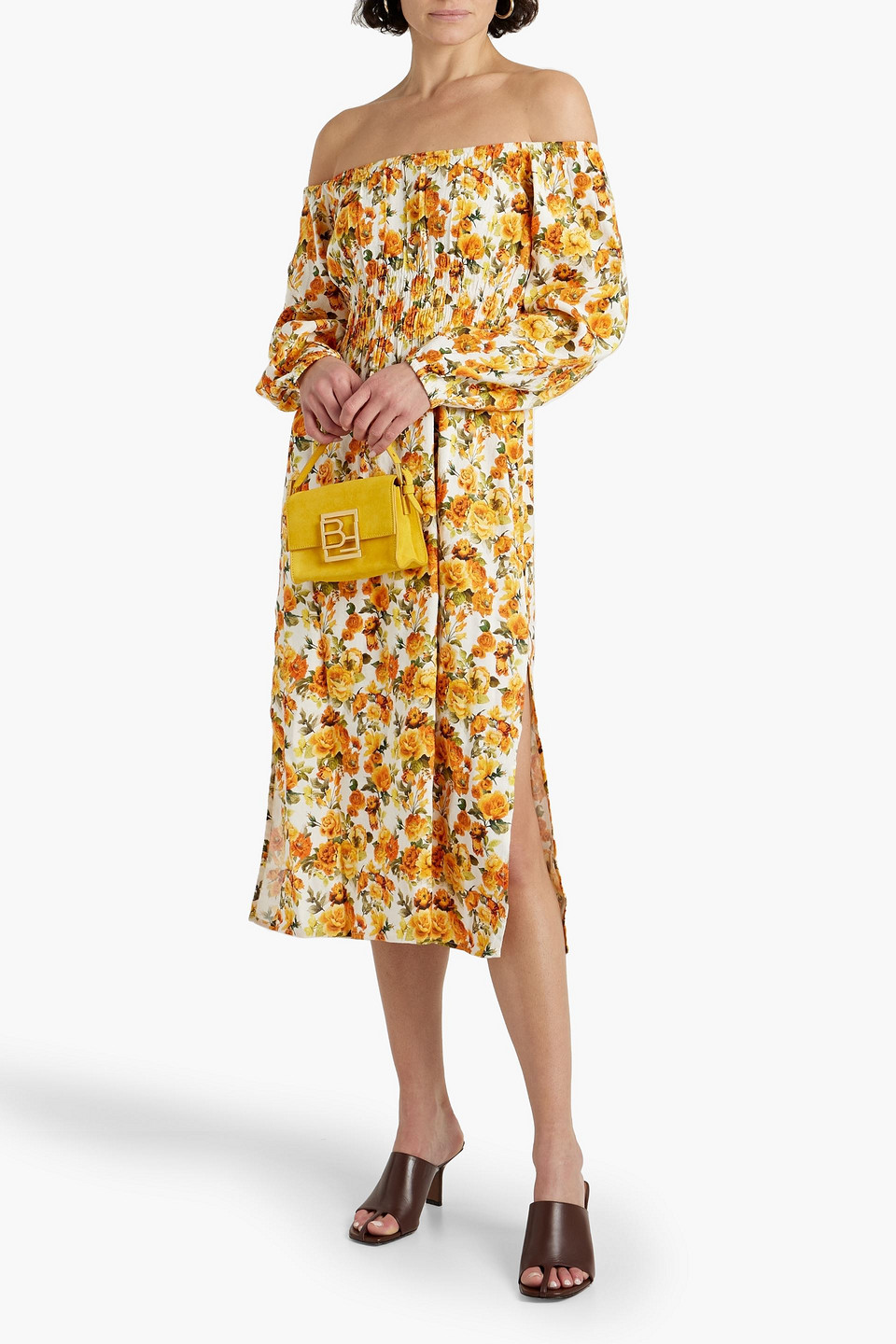 Shop Onia Off-the-shoulder Shirred Floral-print Linen-blend Midi Dress In Orange