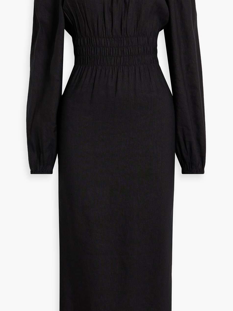 air off-the-shoulder shirred linen-blend midi dress