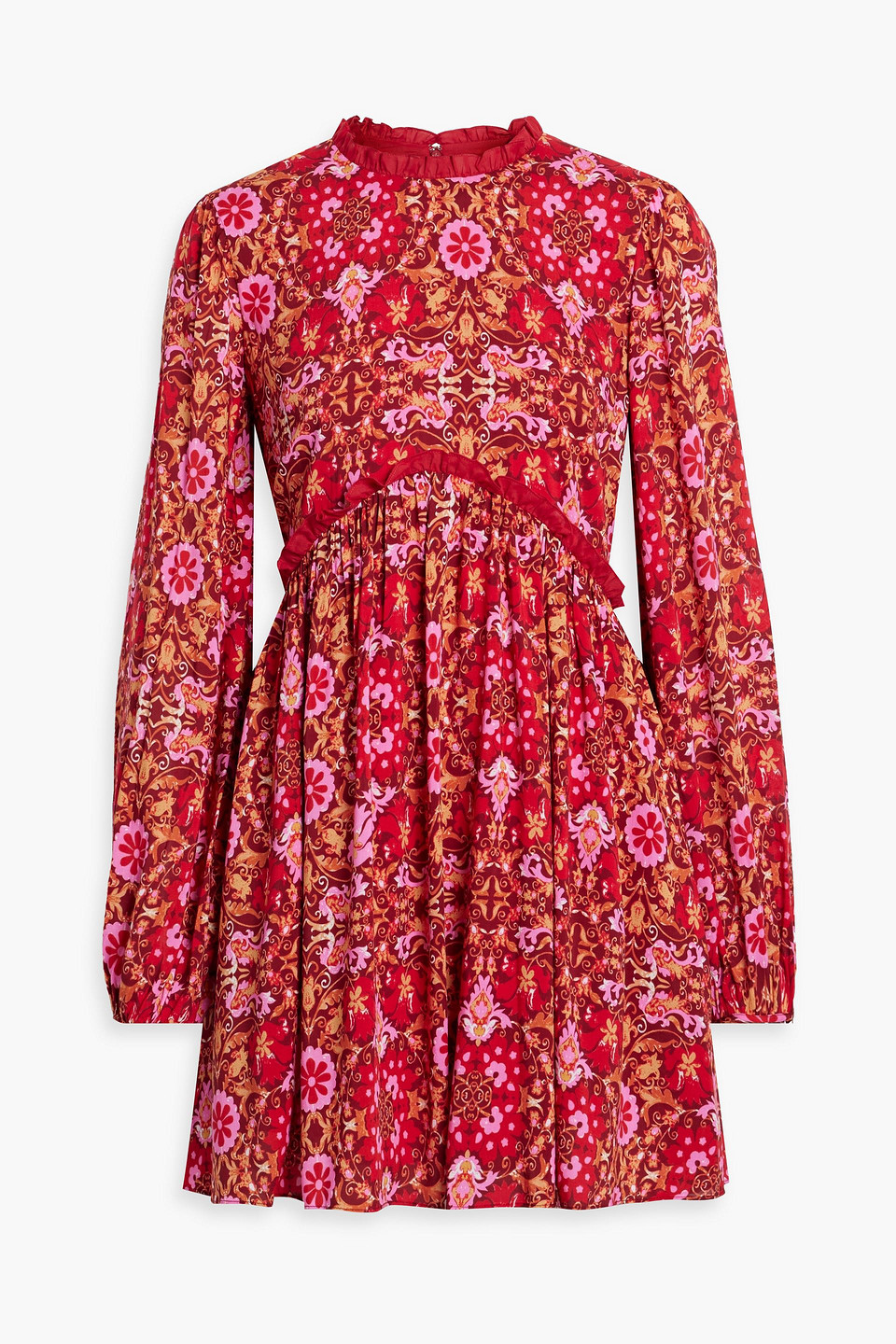 Shop Amur Ruffle-trimmed Gathered Paisley-print Voile Mini Dress In Red