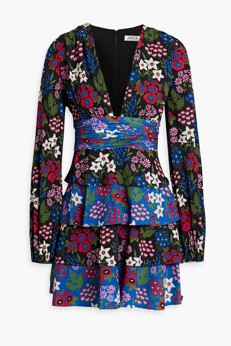 AMUR Tiered ruched floral-print crepe mini dress