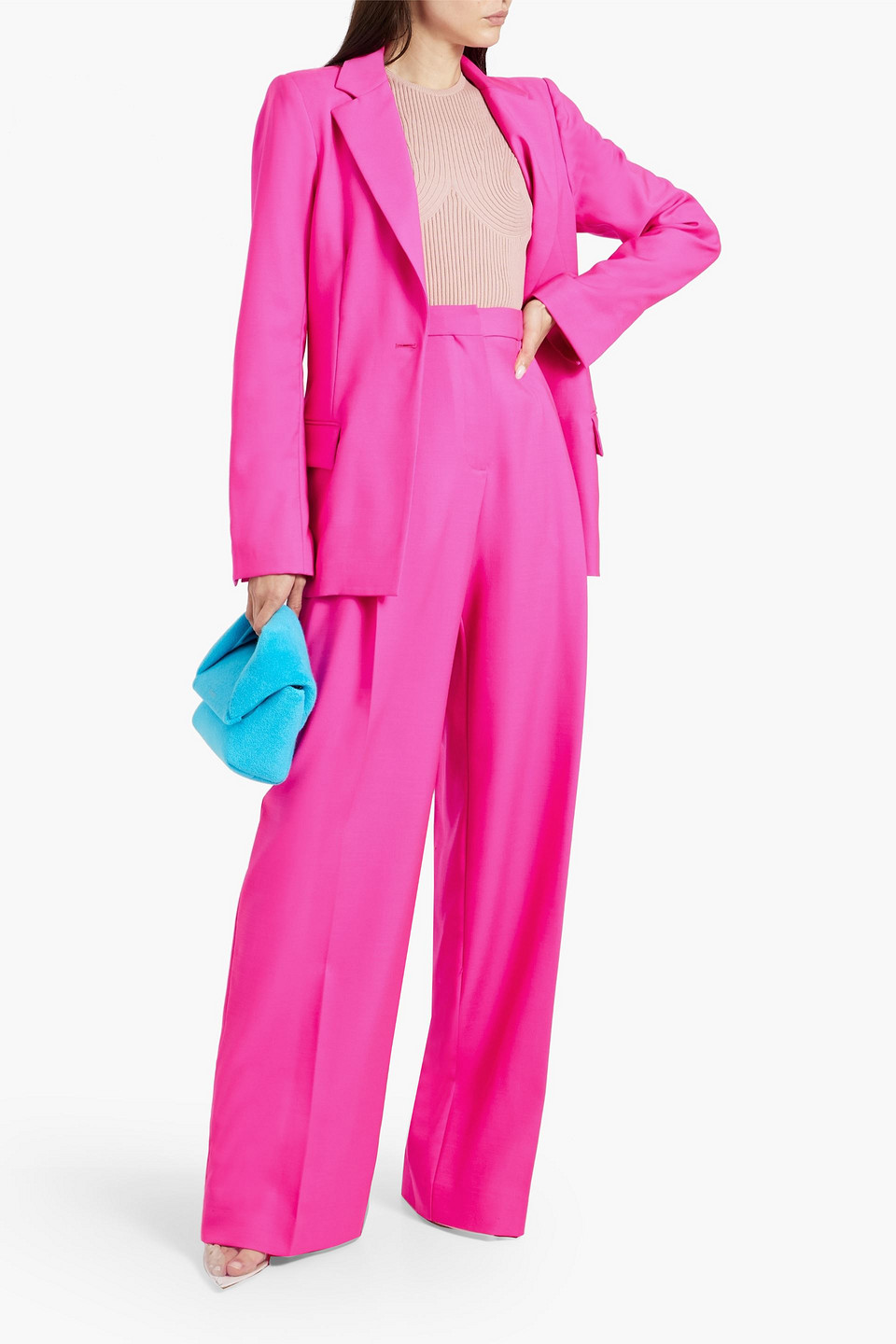 Shop Oscar De La Renta Neon Wool And Mohair-blend Blazer In Bright Pink