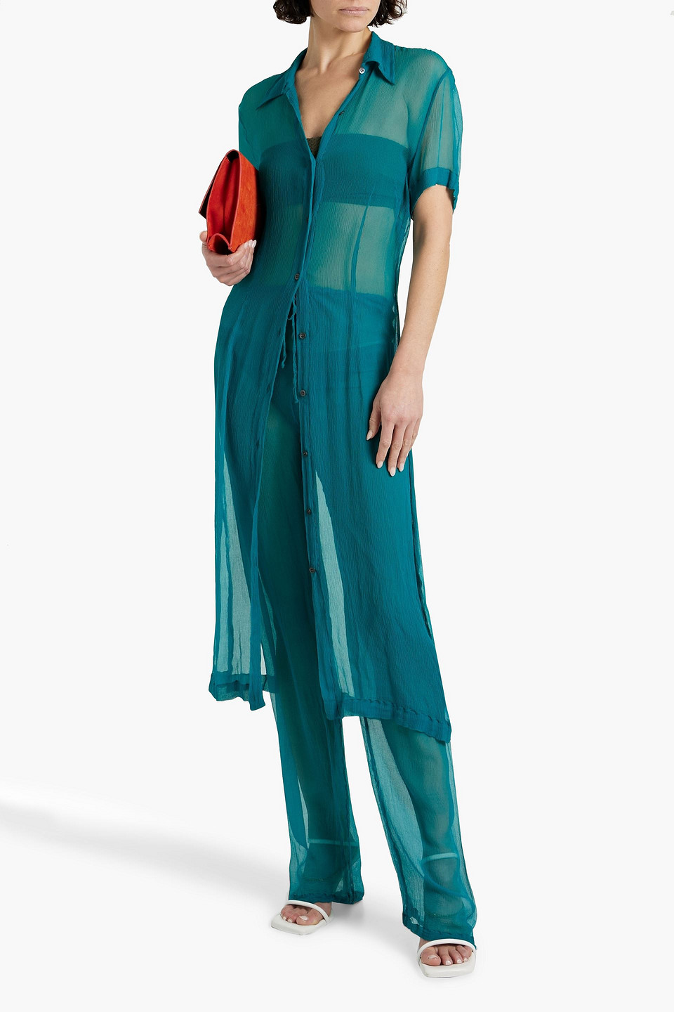 Shop Dries Van Noten Silk-crepon Straight-leg Pants In Teal