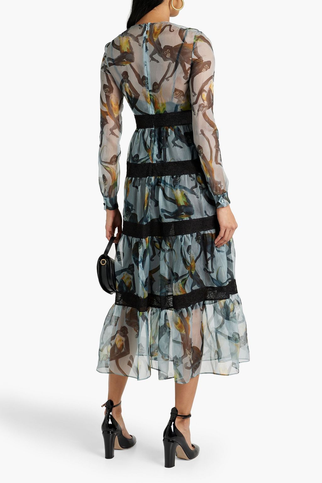 VALENTINO GARAVANI Lace-trimmed tiered printed silk-organza midi dress