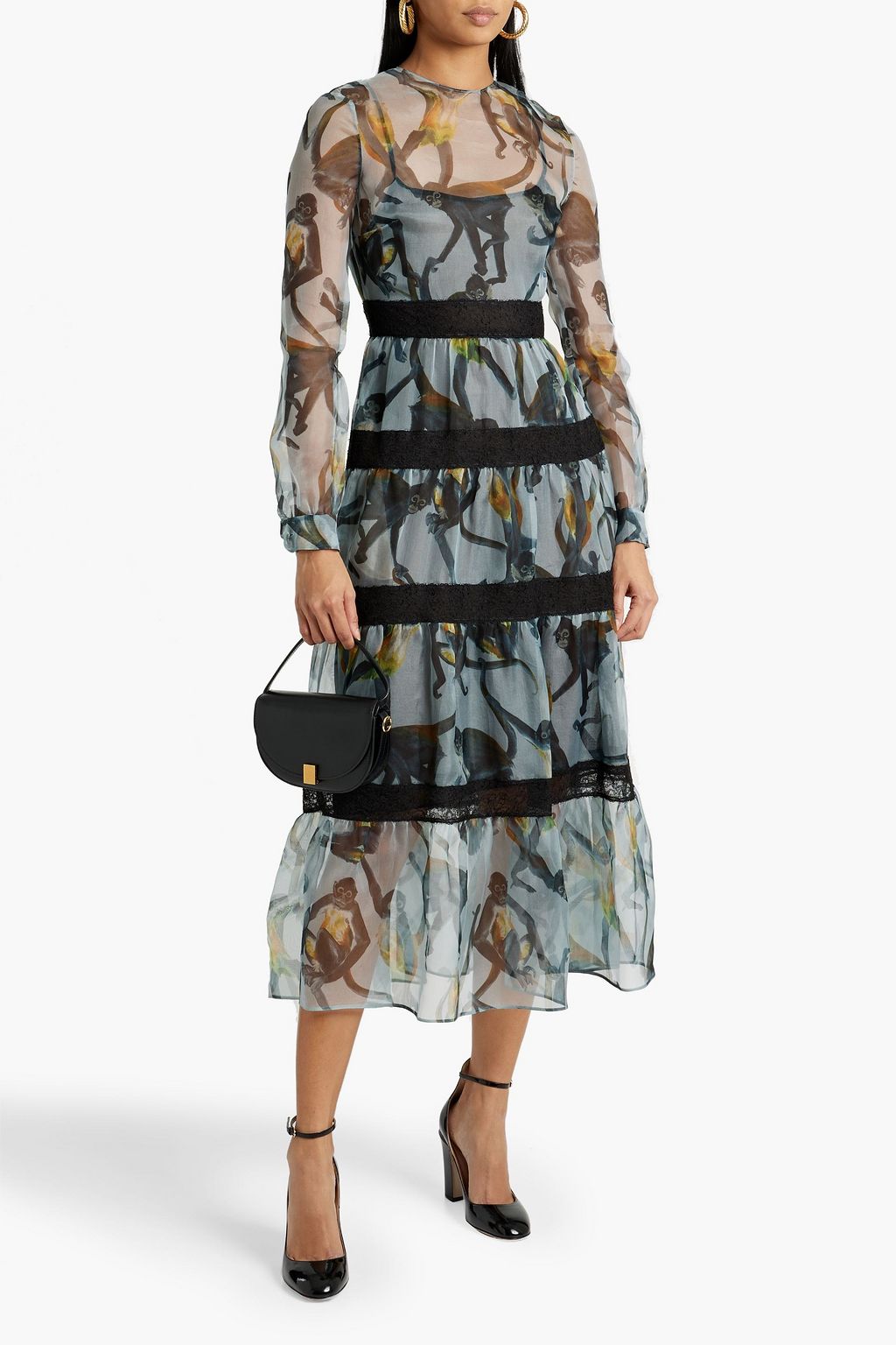 VALENTINO GARAVANI Lace-trimmed tiered printed silk-organza midi dress