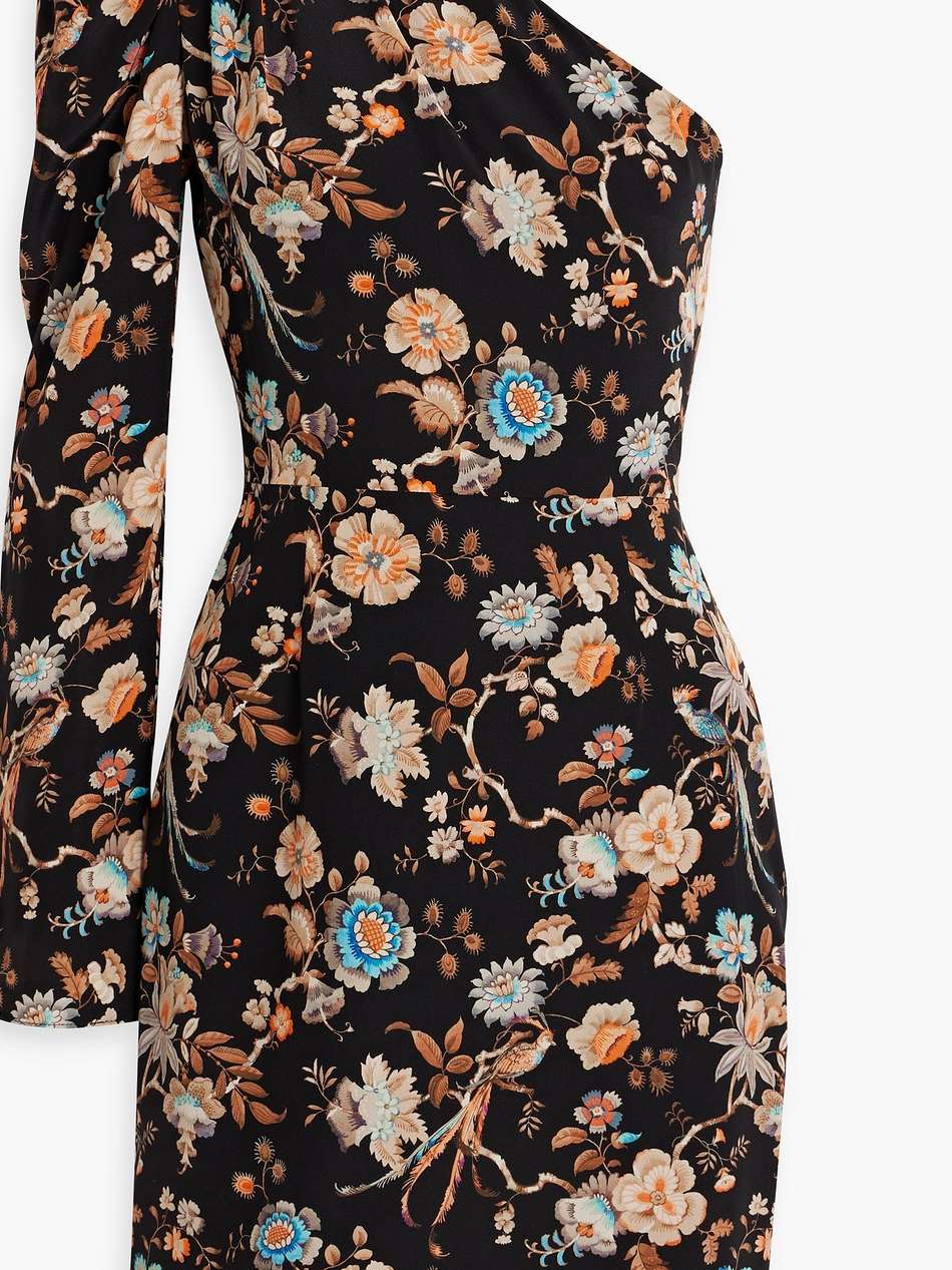 one-shoulder gathered floral-print silk crepe de chine mini dress