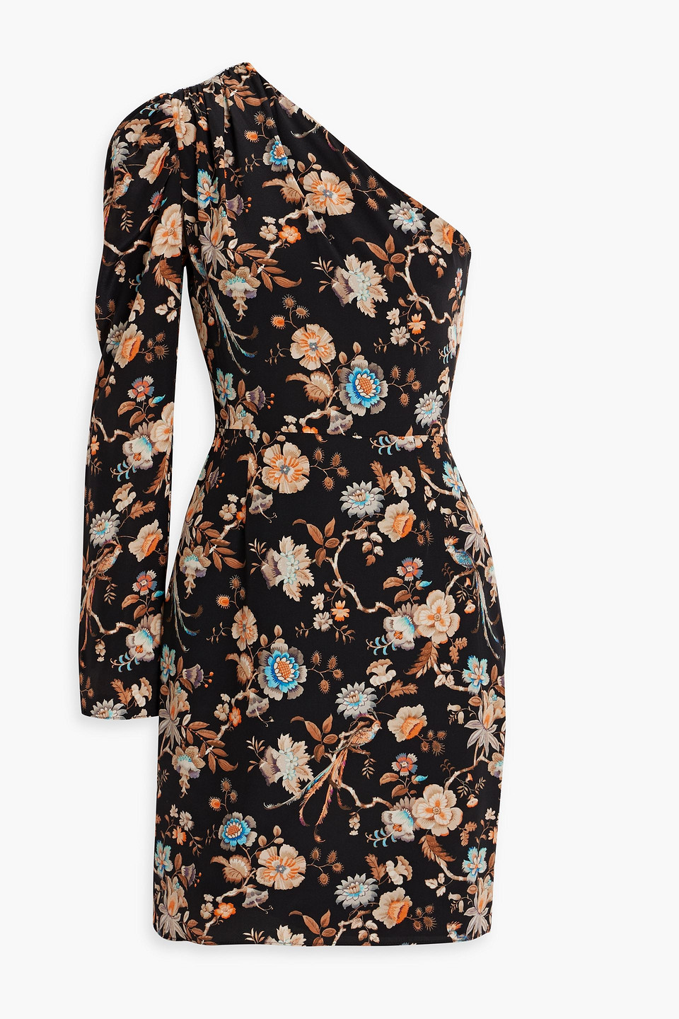 One-shoulder gathered floral-print silk crepe de chine mini dress