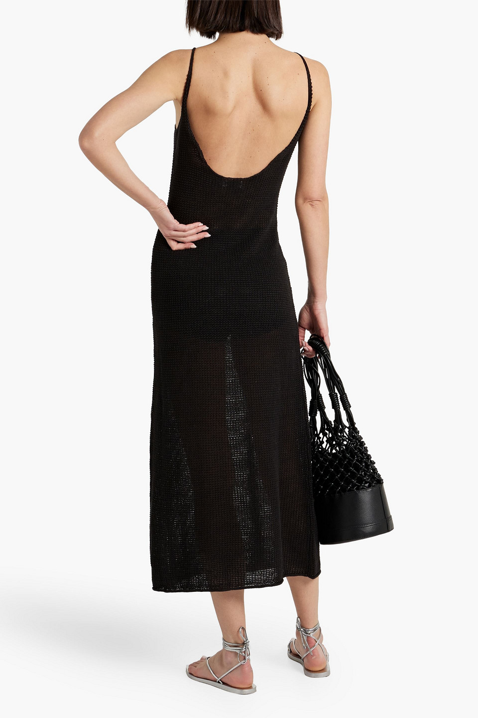 Shop Onia Open-back Crochet-knit Linen Midi Dress In Black